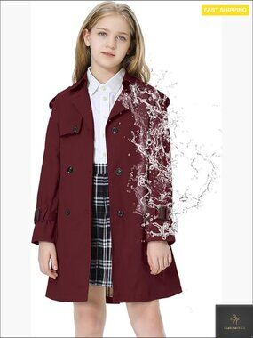 Girls Double Breasted Trench Coat Waterproof Classic Notch Lapel Long Sleeve